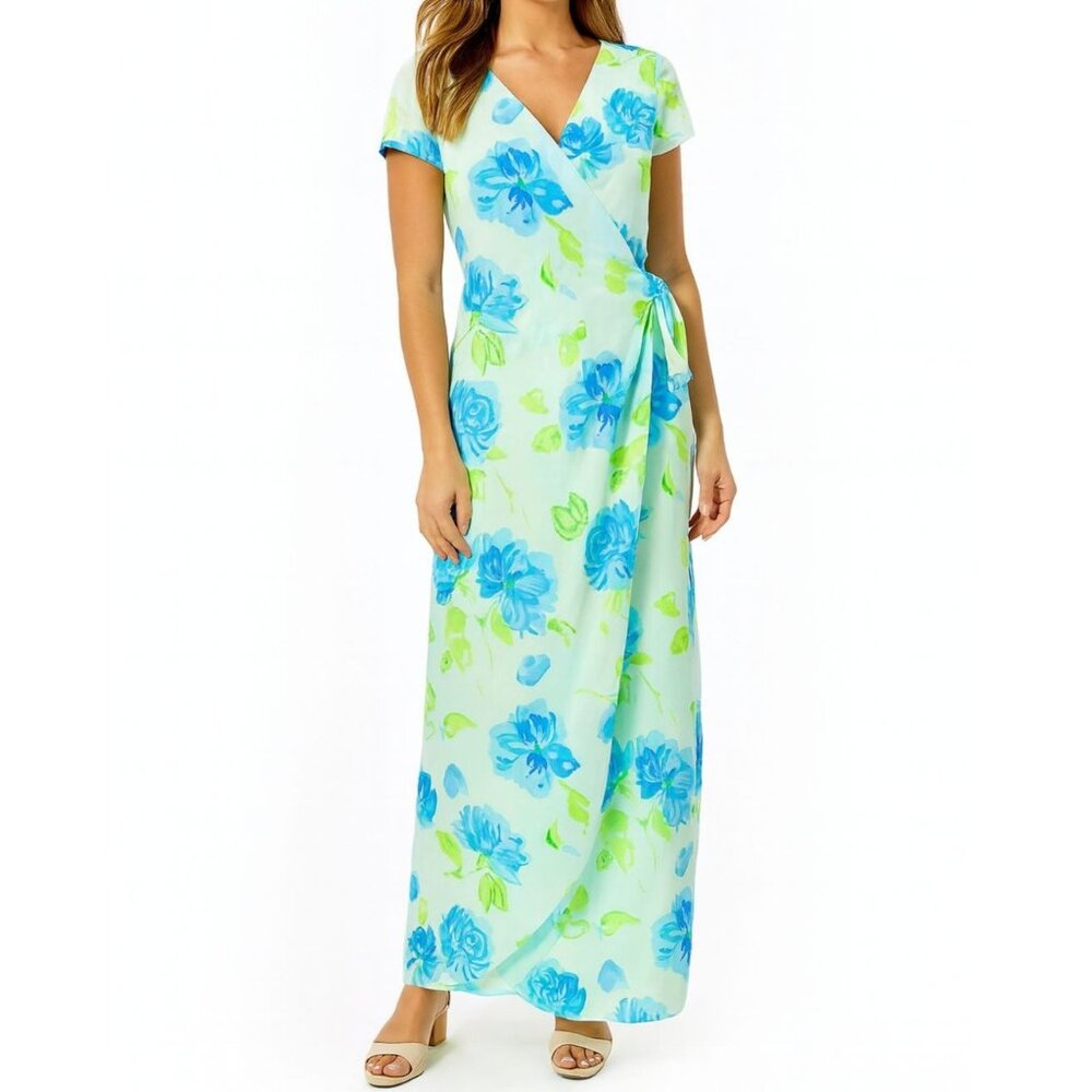 Lilly Pulitzer Blue Green Floral  Wrap Maxi Dress Size 2 New‎